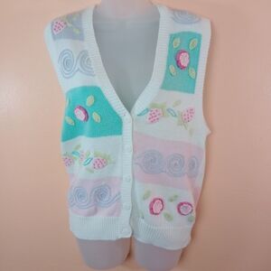 Robert Scott Pastel Flowers Strawberries Applique Sweater Vest Women M